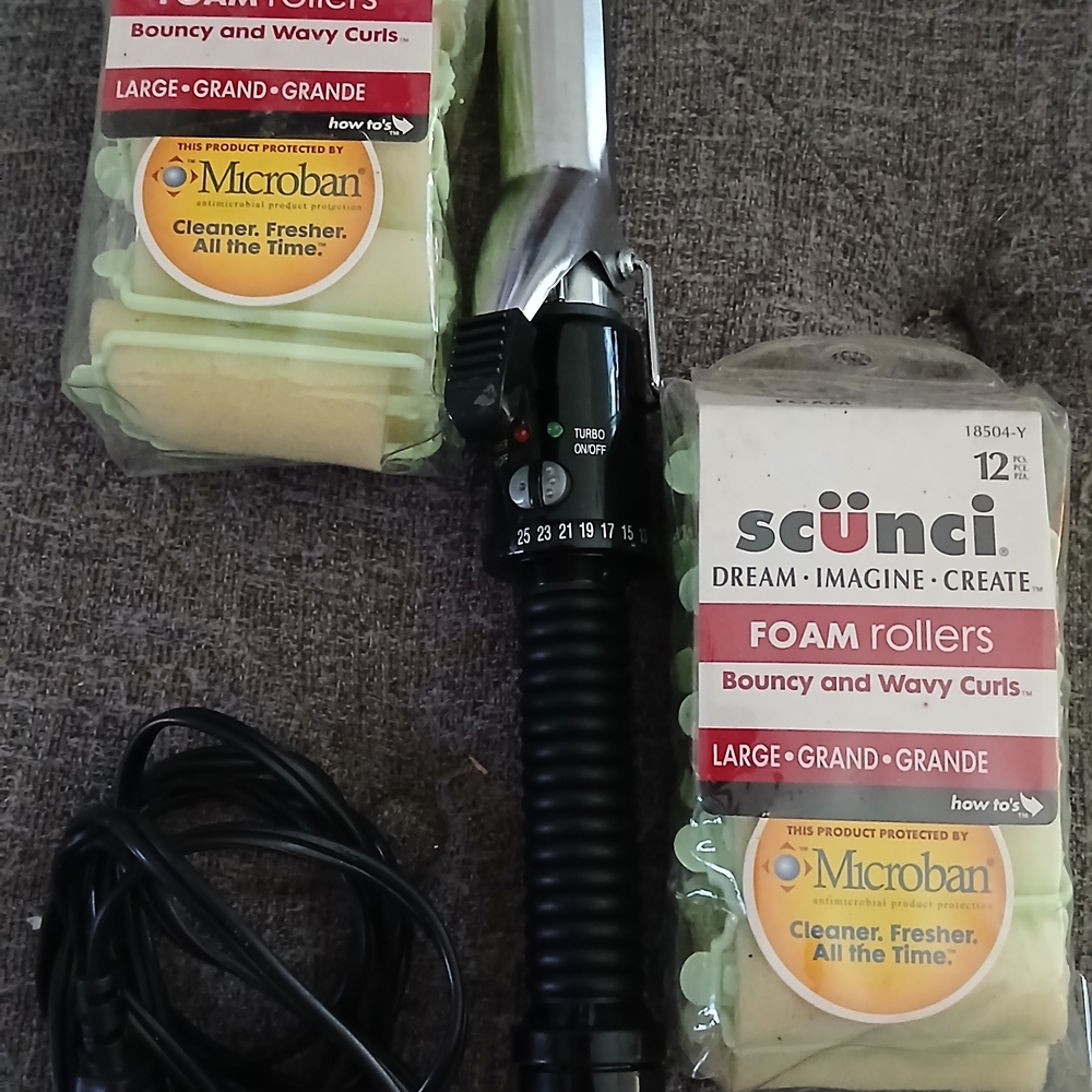 BEAUTY BUNDLE! Conair 1" Curling Iron & 2 Packs /24 Scunci Foam Rollers, Large